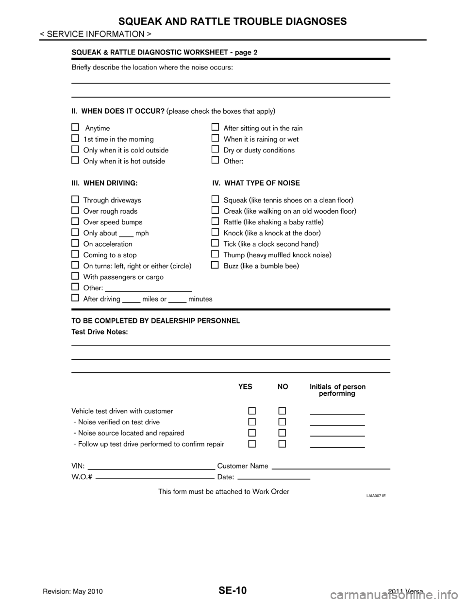 NISSAN TIIDA 2011 Service Repair Manual SE-10
< SERVICE INFORMATION >
SQUEAK AND RATTLE TROUBLE DIAGNOSES
LAIA0071E
Revision: May 20102011 Versa NISSAN TIIDA 2011 Service Repair Manual SE-10
< SERVICE INFORMATION >
SQUEAK AND RATTLE TROUBLE DIAGNOSES
LAIA0071E
Revision: May 20102011 Versa