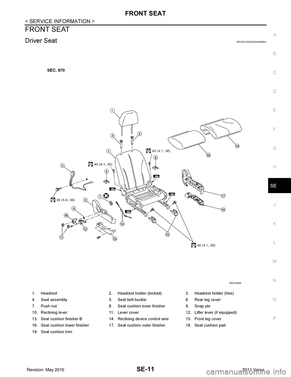 NISSAN TIIDA 2011 Service Repair Manual FRONT SEATSE-11
< SERVICE INFORMATION >
C
DE
F
G H
J
K L
M A
B
SE
N
O P
FRONT SEAT
Driver SeatINFOID:0000000005929604
1. Headrest 2. Headrest holder (locked)3. Headrest holder (free)
4. Seat assembly NISSAN TIIDA 2011 Service Repair Manual FRONT SEATSE-11
< SERVICE INFORMATION >
C
DE
F
G H
J
K L
M A
B
SE
N
O P
FRONT SEAT
Driver SeatINFOID:0000000005929604
1. Headrest 2. Headrest holder (locked)3. Headrest holder (free)
4. Seat assembly