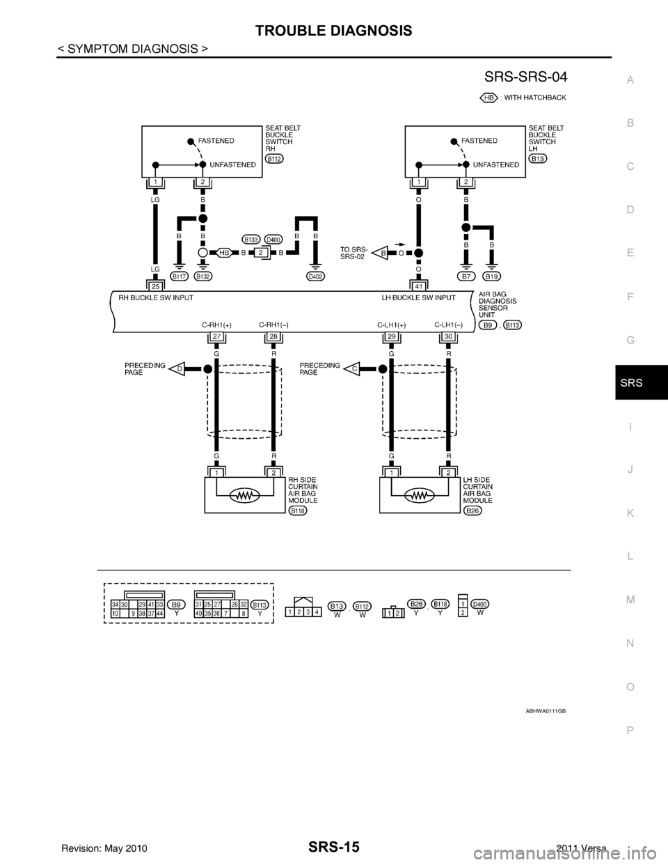 NISSAN TIIDA 2011  Service Repair Manual TROUBLE DIAGNOSISSRS-15
< SYMPTOM DIAGNOSIS >
C
DE
F
G
I
J
K L
M A
B
SRS
N
O P
ABHWA0111GB
Revision: May 2010 2011 Versa 