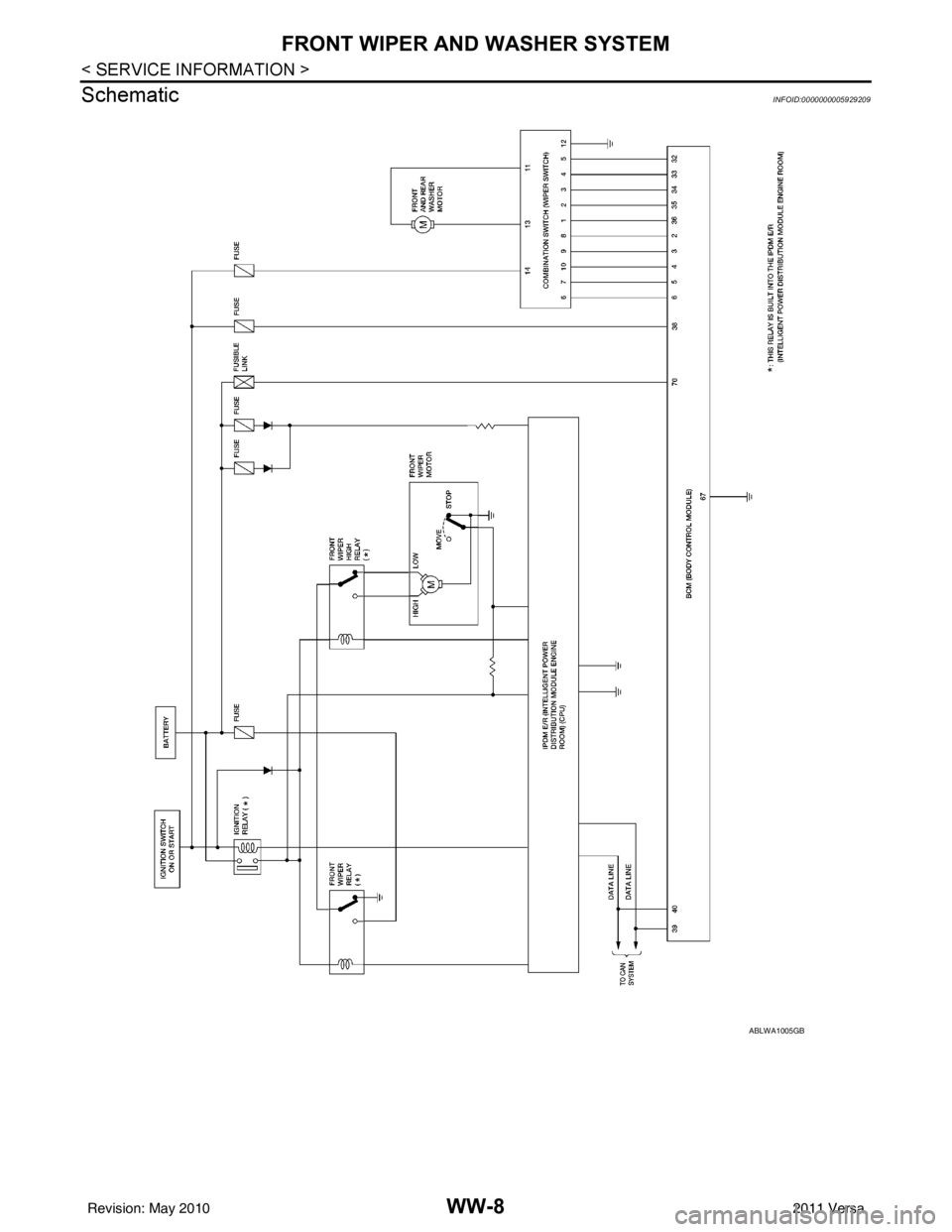 NISSAN TIIDA 2011  Service Repair Manual WW-8
< SERVICE INFORMATION >
FRONT WIPER AND WASHER SYSTEM
Schematic
INFOID:0000000005929209
ABLWA1005GB
Revision: May 2010 2011 Versa 