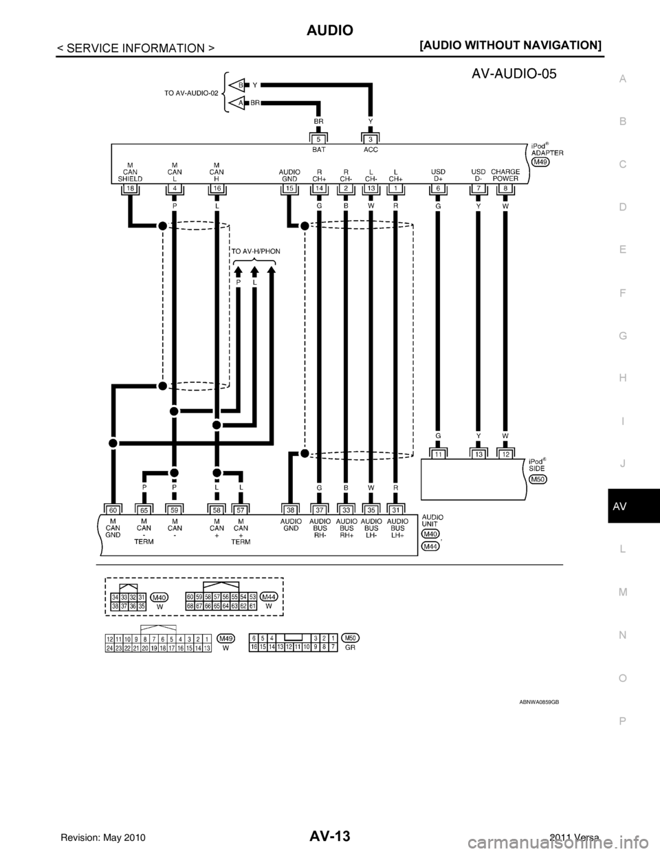 NISSAN TIIDA 2011  Service Repair Manual AUDIOAV-13
< SERVICE INFORMATION > [AUDIO WITHOUT NAVIGATION]
C
D
E
F
G H
I
J
L
M A
B
AV
N
O P
ABNWA0859GB
Revision: May 2010 2011 Versa 
