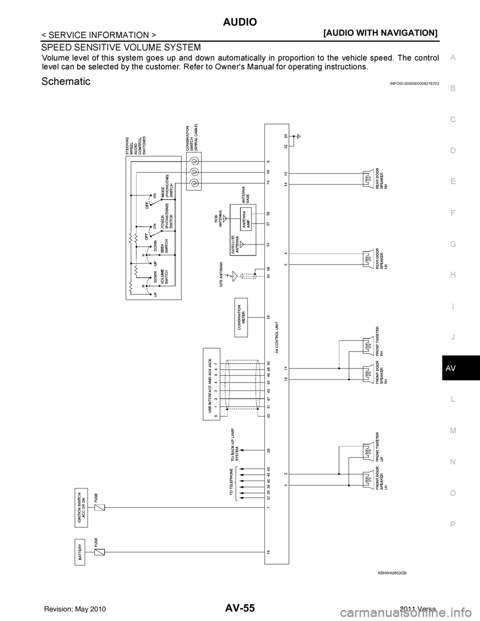 NISSAN TIIDA 2011  Service Repair Manual AUDIOAV-55
< SERVICE INFORMATION > [AUDIO WITH NAVIGATION]
C
D
E
F
G H
I
J
L
M A
B
AV
N
O P
SPEED SENSITIVE VOLUME SYSTEM
Volume level of this system goes up and down automatica lly in proportion to t