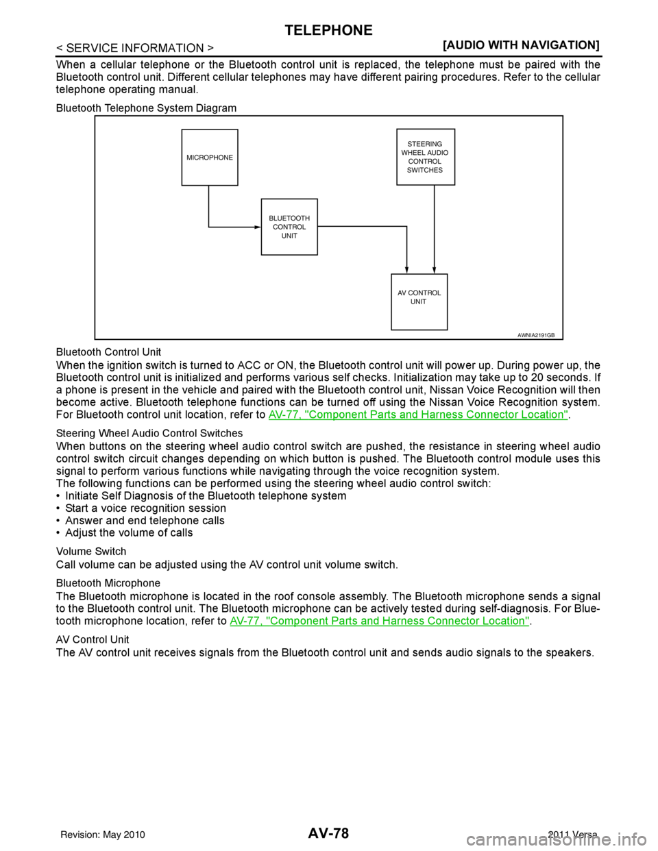 NISSAN TIIDA 2011  Service Repair Manual AV-78
< SERVICE INFORMATION >[AUDIO WITH NAVIGATION]
TELEPHONE
When a cellular telephone or the Bluetooth control uni
t is replaced, the telephone must be paired with the
Bluetooth control unit. Diffe