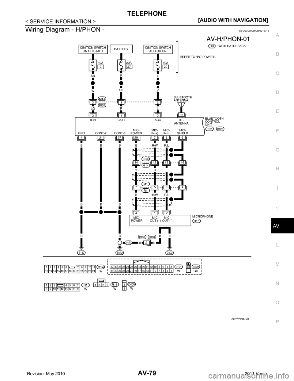 NISSAN TIIDA 2011  Service Repair Manual TELEPHONEAV-79
< SERVICE INFORMATION > [AUDIO WITH NAVIGATION]
C
D
E
F
G H
I
J
L
M A
B
AV
N
O P
Wiring Diagram - H/PHON -INFOID:0000000006216716
ABNWA0857GB
Revision: May 2010 2011 Versa 