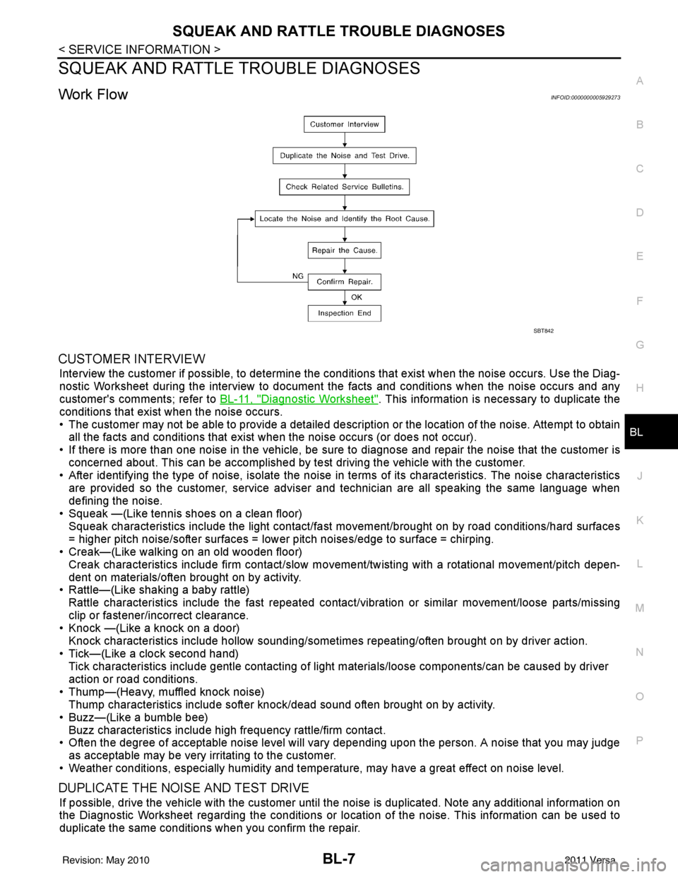 NISSAN TIIDA 2011  Service Repair Manual SQUEAK AND RATTLE TROUBLE DIAGNOSESBL-7
< SERVICE INFORMATION >
C
DE
F
G H
J
K L
M A
B
BL
N
O P
SQUEAK AND RATTLE TROUBLE DIAGNOSES
Work FlowINFOID:0000000005929273
CUSTOMER INTERVIEW
Interview the cu