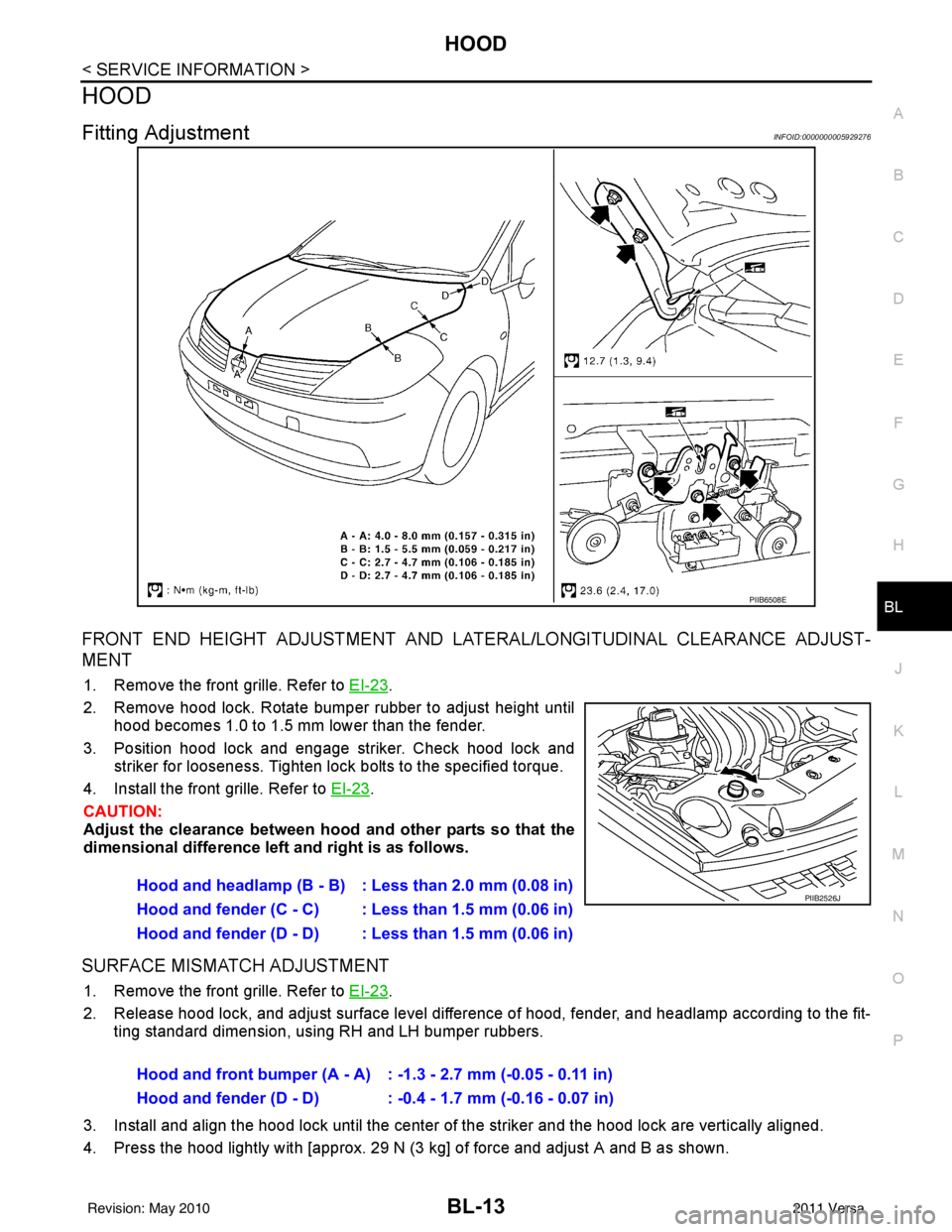 NISSAN TIIDA 2011  Service Repair Manual HOODBL-13
< SERVICE INFORMATION >
C
DE
F
G H
J
K L
M A
B
BL
N
O P
HOOD
Fitting AdjustmentINFOID:0000000005929276
FRONT END HEIGHT ADJUSTMENT AND LA TERAL/LONGITUDINAL CLEARANCE ADJUST-
MENT
1. Remove 