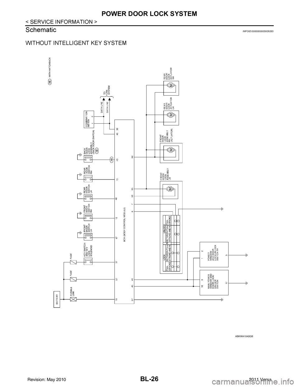 NISSAN TIIDA 2011  Service Repair Manual BL-26
< SERVICE INFORMATION >
POWER DOOR LOCK SYSTEM
Schematic
INFOID:0000000005929285
WITHOUT INTELLIGENT KEY SYSTEM
ABKWA1040GB
Revision: May 2010 2011 Versa 