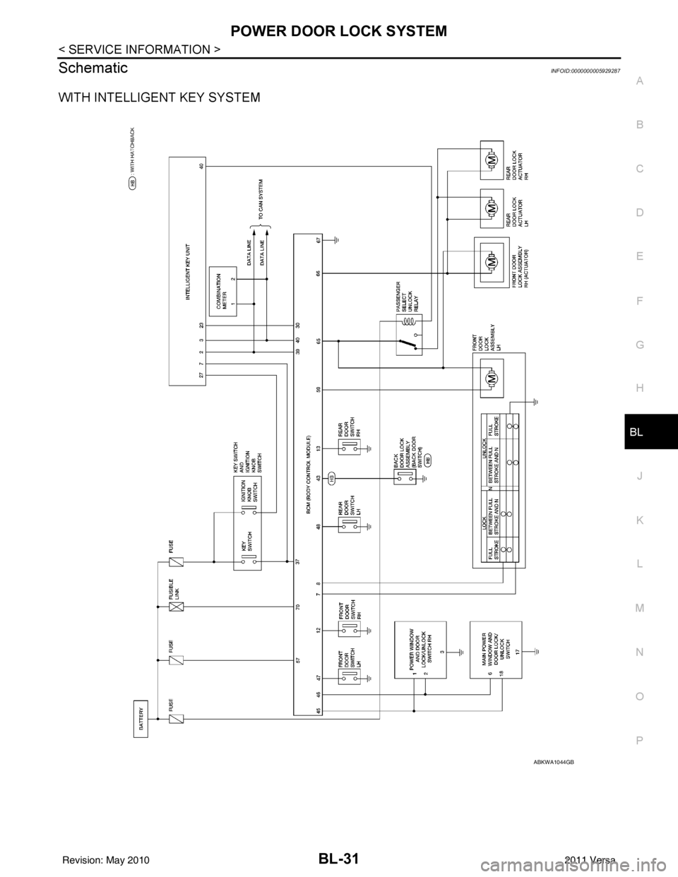 NISSAN TIIDA 2011  Service Repair Manual POWER DOOR LOCK SYSTEMBL-31
< SERVICE INFORMATION >
C
DE
F
G H
J
K L
M A
B
BL
N
O P
SchematicINFOID:0000000005929287
WITH INTELLIGENT KEY SYSTEM
ABKWA1044GB
Revision: May 2010 2011 Versa 