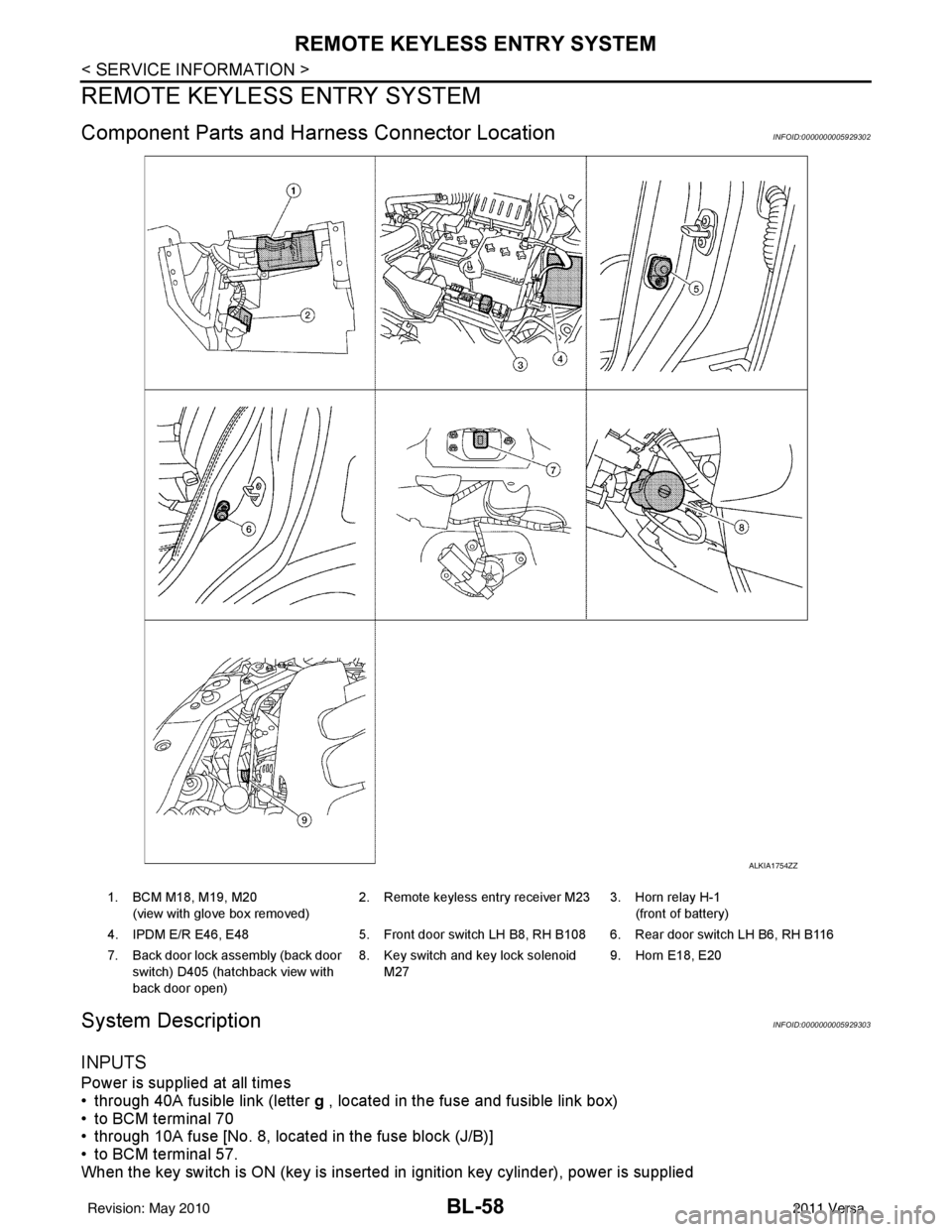 NISSAN TIIDA 2011  Service Repair Manual BL-58
< SERVICE INFORMATION >
REMOTE KEYLESS ENTRY SYSTEM
REMOTE KEYLESS ENTRY SYSTEM
Component Parts and Harness Connector LocationINFOID:0000000005929302
System DescriptionINFOID:0000000005929303
IN