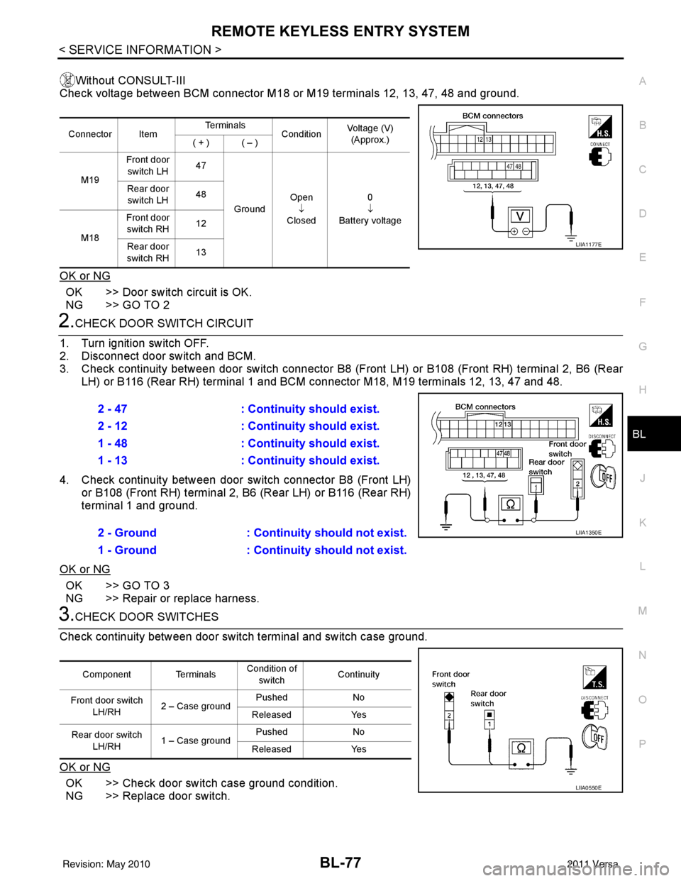 NISSAN TIIDA 2011  Service Repair Manual REMOTE KEYLESS ENTRY SYSTEMBL-77
< SERVICE INFORMATION >
C
DE
F
G H
J
K L
M A
B
BL
N
O P
Without CONSULT-III
Check voltage between BCM connector M18 or M19 terminals 12, 13, 47, 48 and ground.
OK or N