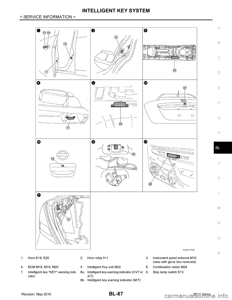 NISSAN TIIDA 2011  Service Repair Manual INTELLIGENT KEY SYSTEMBL-87
< SERVICE INFORMATION >
C
DE
F
G H
J
K L
M A
B
BL
N
O P
ALKIA1775ZZ
1. Horn E18, E20 2. Horn relay H-1 3. Instrument panel antenna M10
(view with glove box removed)
4. BCM 