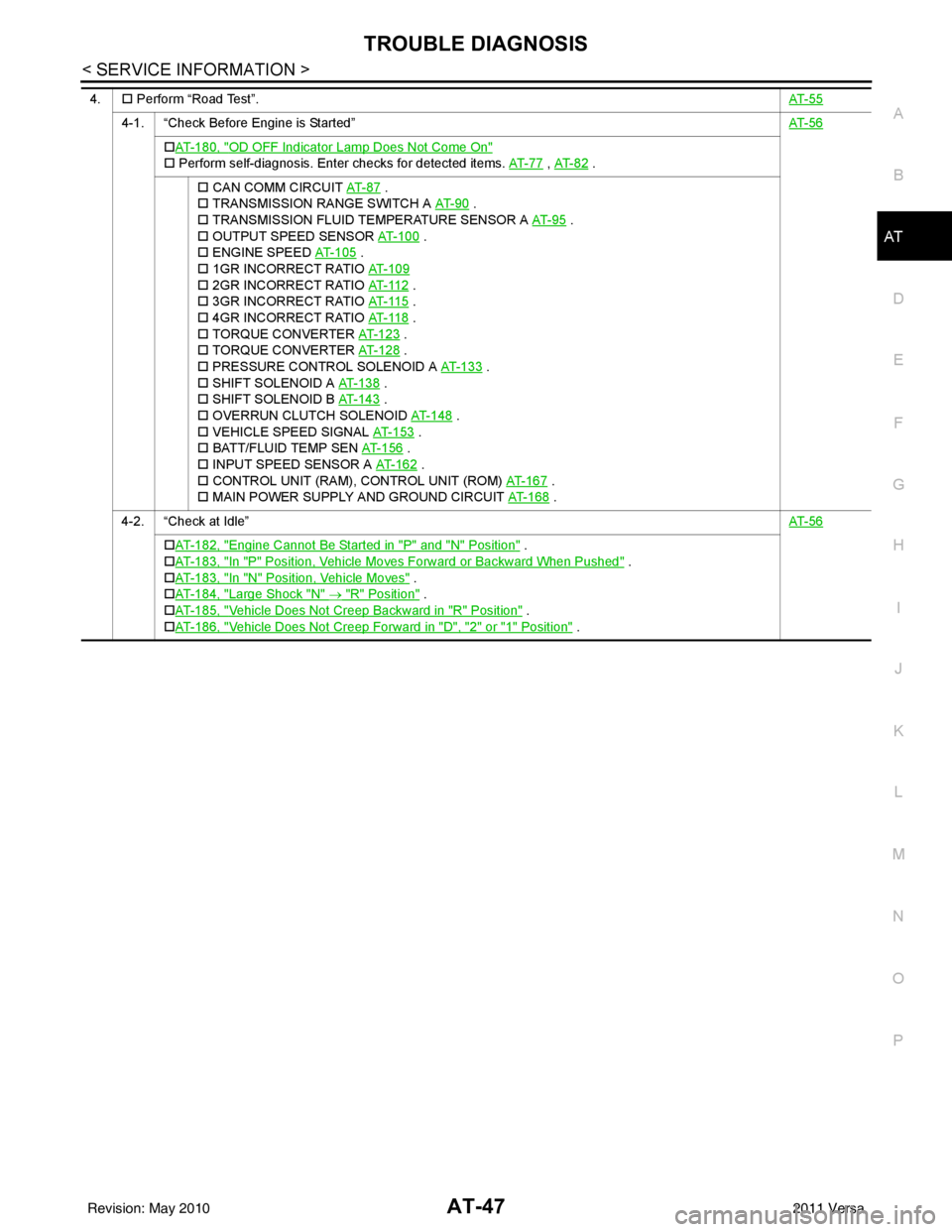 NISSAN TIIDA 2011  Service Repair Manual TROUBLE DIAGNOSISAT-47
< SERVICE INFORMATION >
DE
F
G H
I
J
K L
M A
B
AT
N
O P
4. �† Perform “Road Test”. AT- 5 5
4-1. “Check Before Engine is Started” AT- 5 6
�†AT- 1 8 0 ,  "OD OFF Indic
