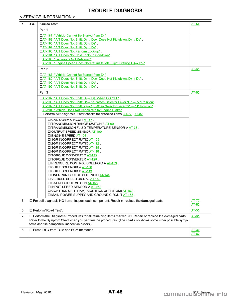 NISSAN TIIDA 2011  Service Repair Manual AT-48
< SERVICE INFORMATION >
TROUBLE DIAGNOSIS
4. 4-3. “Cruise Test”AT- 5 8
Part 1
�†AT- 1 8 7 ,  "
Vehicle Cannot Be Started from D1" .
�† AT- 1 8 9 ,  "
A/T Does Not Shift: D1→ D2or Does 