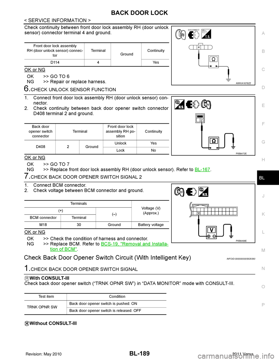NISSAN TIIDA 2011 Service Repair Manual BACK DOOR LOCKBL-189
< SERVICE INFORMATION >
C
DE
F
G H
J
K L
M A
B
BL
N
O P
Check continuity between front door lock assembly RH (door unlock
sensor) connector terminal 4 and ground.
OK or NG
OK >> G NISSAN TIIDA 2011 Service Repair Manual BACK DOOR LOCKBL-189
< SERVICE INFORMATION >
C
DE
F
G H
J
K L
M A
B
BL
N
O P
Check continuity between front door lock assembly RH (door unlock
sensor) connector terminal 4 and ground.
OK or NG
OK >> G