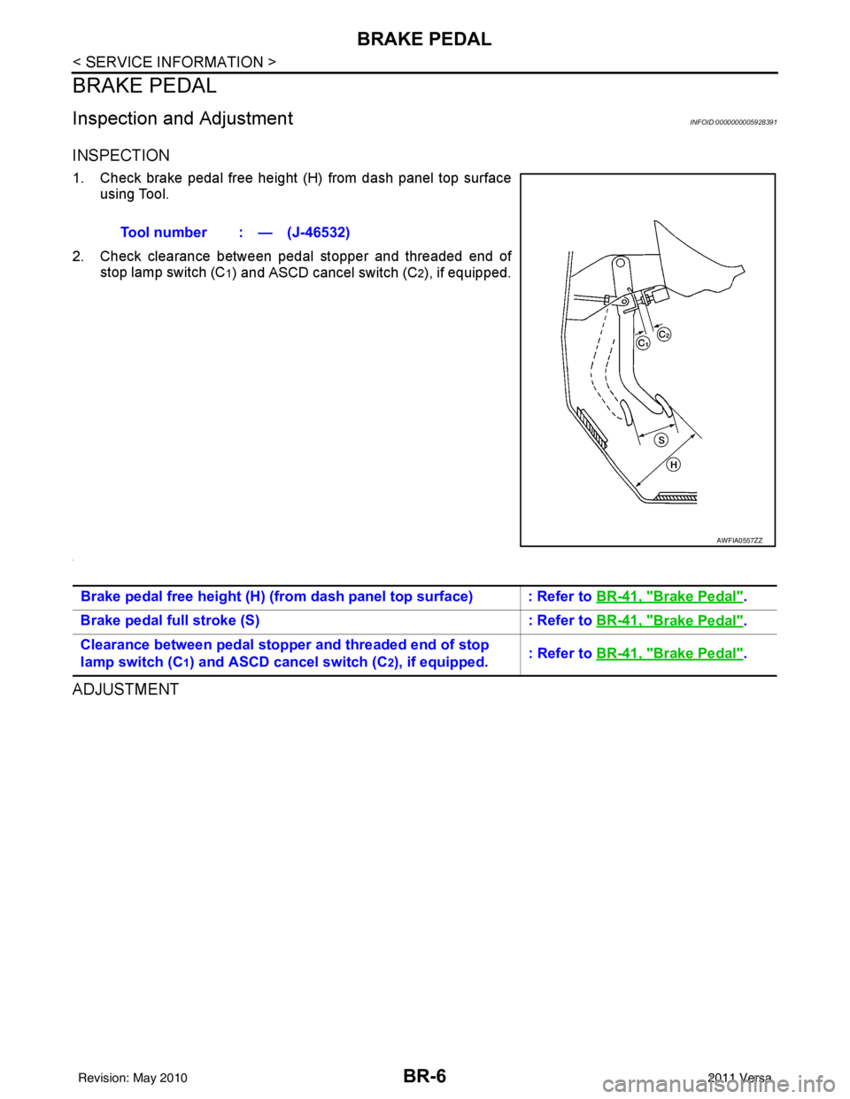 NISSAN TIIDA 2011  Service Repair Manual BR-6
< SERVICE INFORMATION >
BRAKE PEDAL
BRAKE PEDAL
Inspection and AdjustmentINFOID:0000000005928391
INSPECTION
1. Check brake pedal free height (H) from dash panel top surfaceusing Tool.
2. Check cl