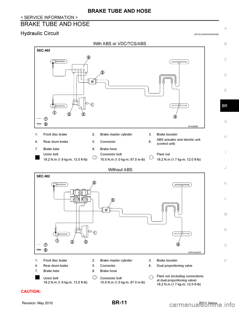 NISSAN TIIDA 2011  Service Repair Manual BRAKE TUBE AND HOSEBR-11
< SERVICE INFORMATION >
C
DE
G H
I
J
K L
M A
B
BR
N
O P
BRAKE TUBE AND HOSE
Hydraulic CircuitINFOID:0000000005928396
With ABS or VDC/TCS/ABS
 Without ABS
CAUTION:
SFIA3068E
1.