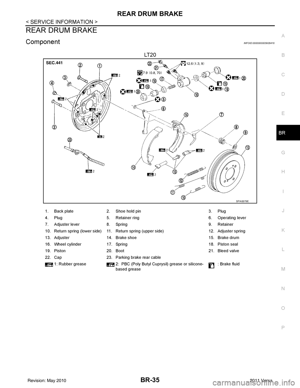 NISSAN TIIDA 2011  Service Repair Manual REAR DRUM BRAKEBR-35
< SERVICE INFORMATION >
C
DE
G H
I
J
K L
M A
B
BR
N
O P
REAR DRUM BRAKE
ComponentINFOID:0000000005928416
LT 2 0
SFIA3079E
1. Back plate  2. Shoe hold pin 3. Plug
4. Plug 5. Retain