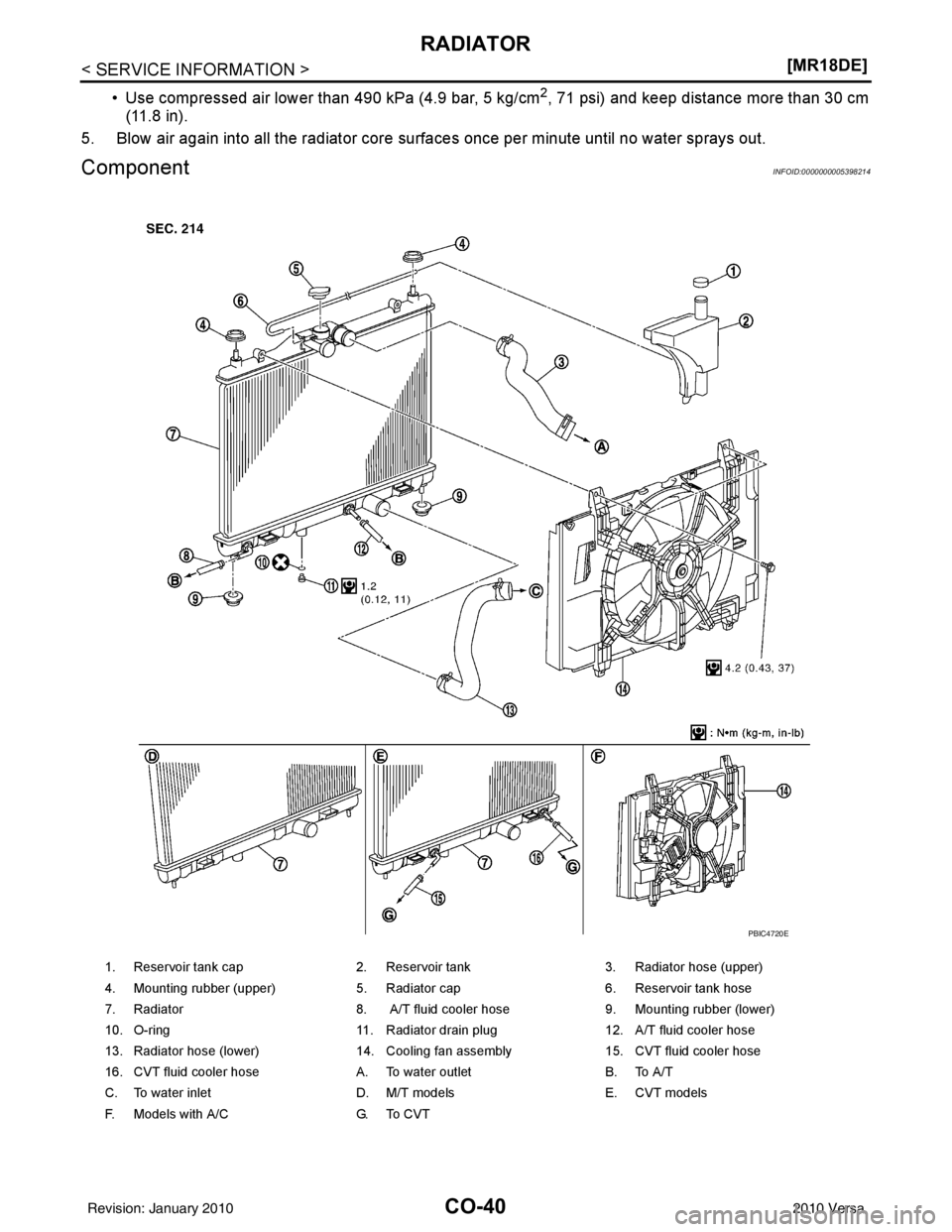 NISSAN TIIDA 2010  Service Repair Manual CO-40
< SERVICE INFORMATION >[MR18DE]
RADIATOR
• Use compressed air lower than 490 kPa (4.9 bar, 5 kg/cm2, 71 psi) and keep distance more than 30 cm
(11.8 in). 
5.  Blow air again into all the radia