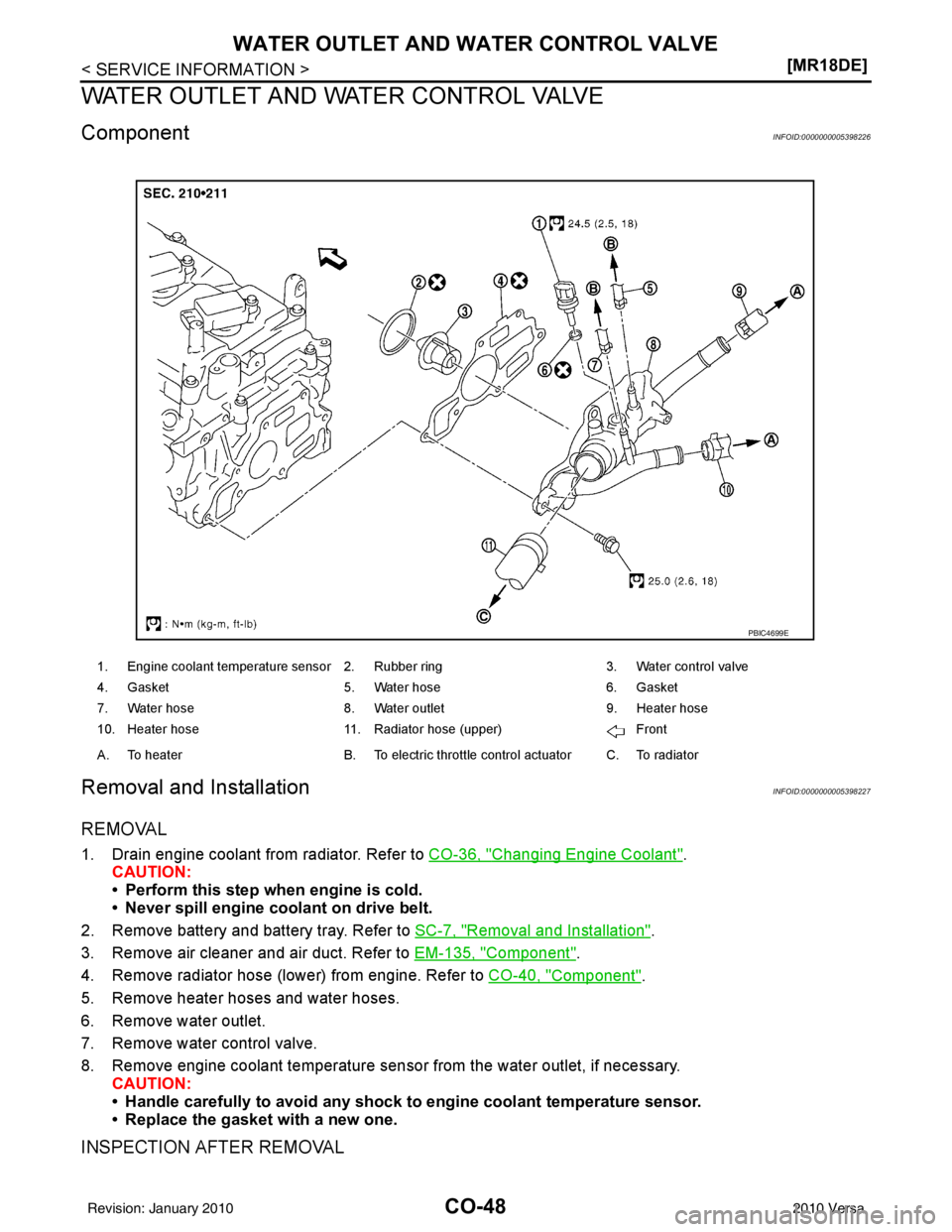 NISSAN TIIDA 2010  Service Repair Manual CO-48
< SERVICE INFORMATION >[MR18DE]
WATER OUTLET AND WATER CONTROL VALVE
WATER OUTLET AND WATER CONTROL VALVE
ComponentINFOID:0000000005398226
Removal and InstallationINFOID:0000000005398227
REMOVAL