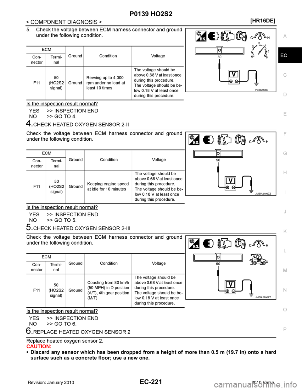 NISSAN TIIDA 2010  Service Repair Manual P0139 HO2S2EC-221
< COMPONENT DIAGNOSIS > [HR16DE]
C
D
E
F
G H
I
J
K L
M A
EC
NP
O
5. Check the voltage between ECM harness connector and ground
under the following condition.
Is the inspection result
