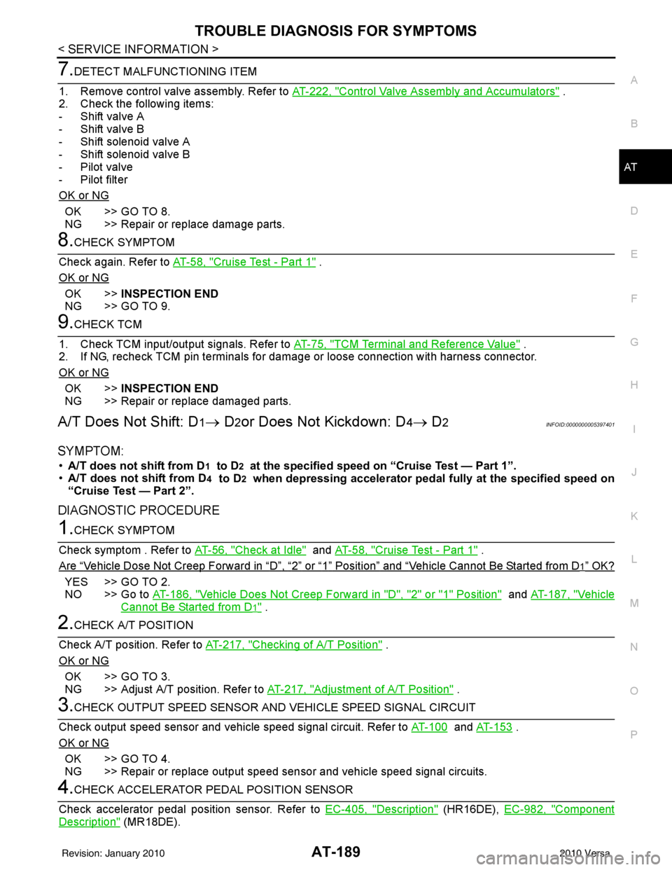 NISSAN TIIDA 2010  Service Repair Manual TROUBLE DIAGNOSIS FOR SYMPTOMSAT-189
< SERVICE INFORMATION >
DE
F
G H
I
J
K L
M A
B
AT
N
O P
7.DETECT MALFUNCTIONING ITEM
1. Remove control valve assembly. Refer to  AT-222, "
Control Valve Assembly a
