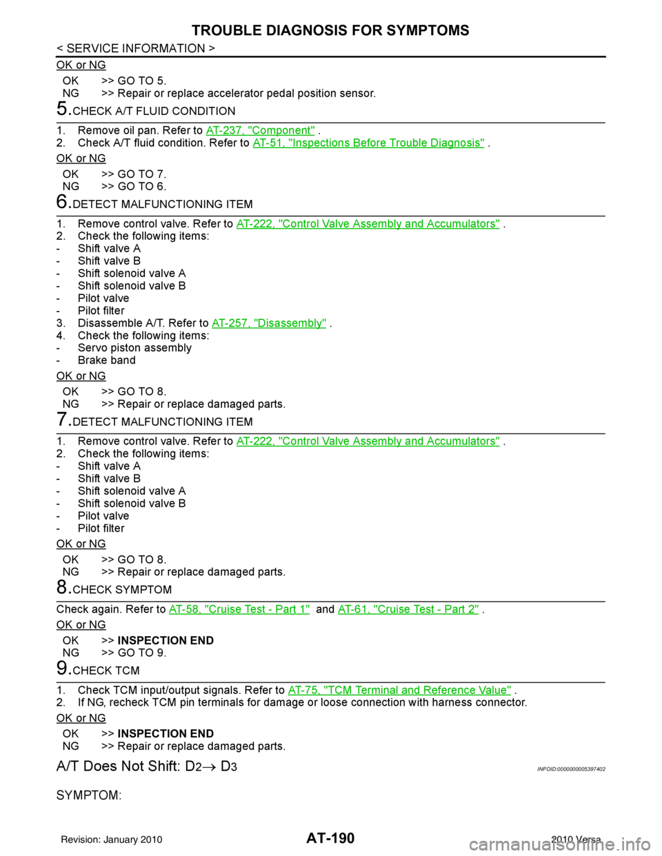 NISSAN TIIDA 2010  Service Repair Manual AT-190
< SERVICE INFORMATION >
TROUBLE DIAGNOSIS FOR SYMPTOMS
OK or NG
OK >> GO TO 5.
NG >> Repair or replace accelerator pedal position sensor.
5.CHECK A/T FLUID CONDITION
1. Remove oil pan. Refer to