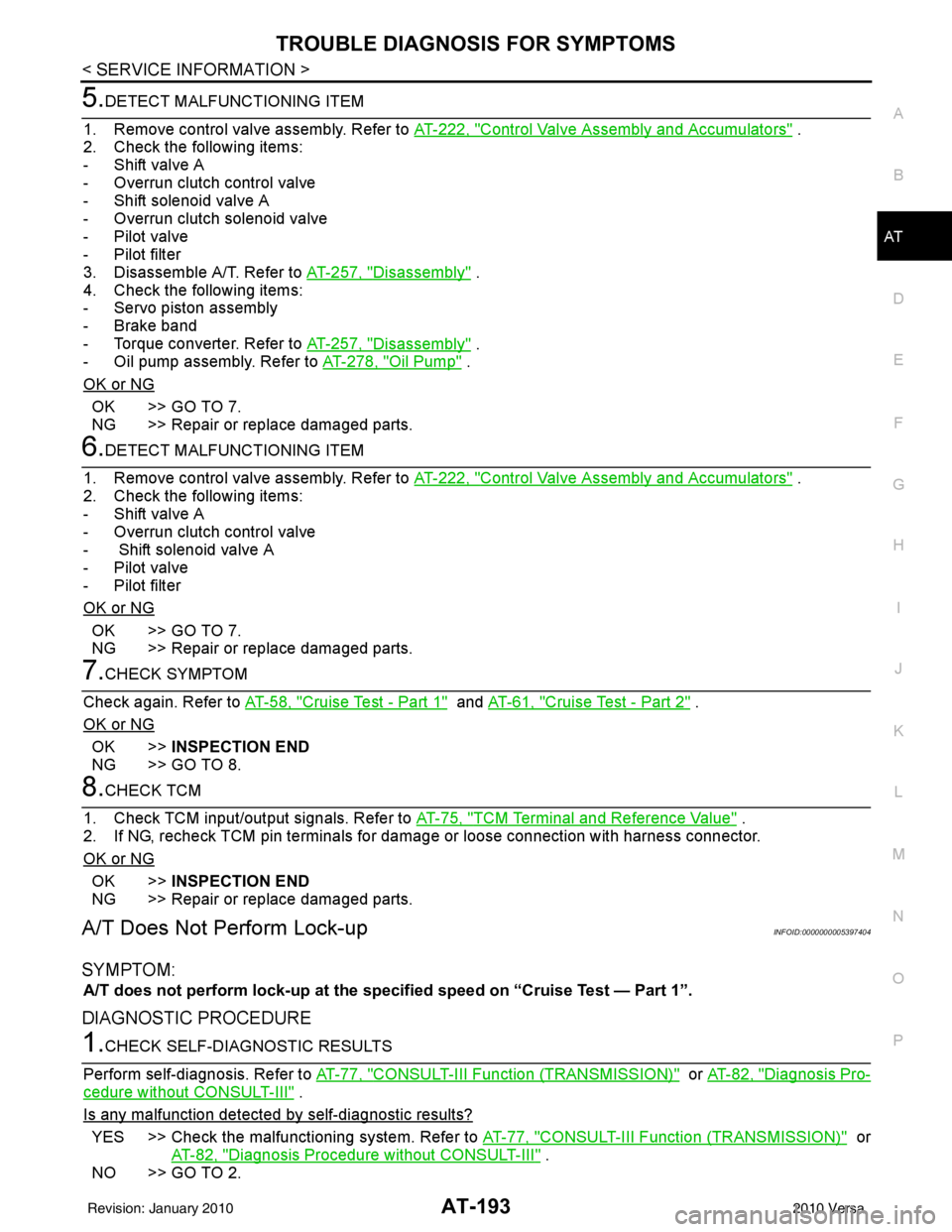 NISSAN TIIDA 2010  Service Repair Manual TROUBLE DIAGNOSIS FOR SYMPTOMSAT-193
< SERVICE INFORMATION >
DE
F
G H
I
J
K L
M A
B
AT
N
O P
5.DETECT MALFUNCTIONING ITEM
1. Remove control valve assembly. Refer to  AT-222, "
Control Valve Assembly a