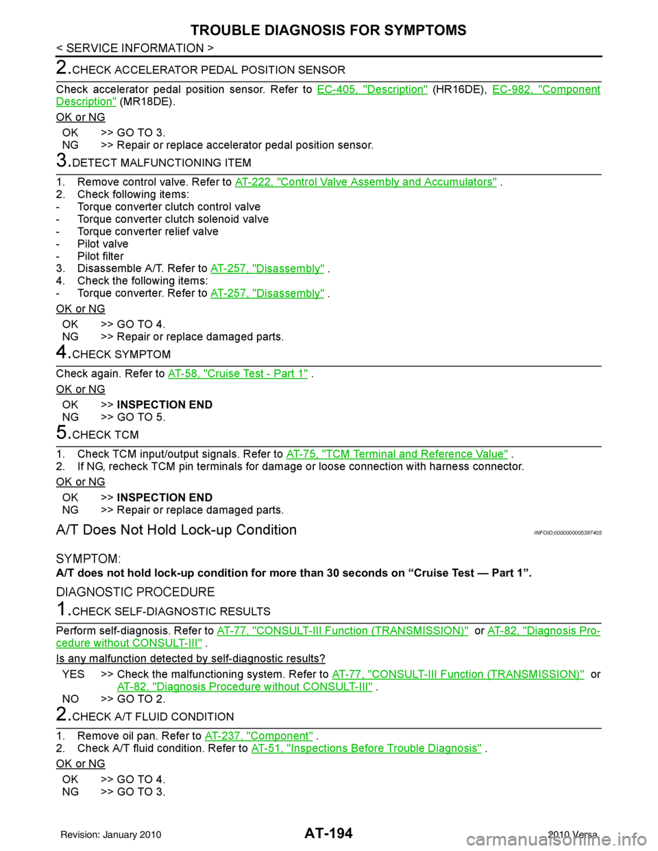 NISSAN TIIDA 2010  Service Repair Manual AT-194
< SERVICE INFORMATION >
TROUBLE DIAGNOSIS FOR SYMPTOMS
2.CHECK ACCELERATOR PEDAL POSITION SENSOR
Check accelerator pedal position sensor. Refer to EC-405, "
Description" (HR16DE),  EC-982, "Com