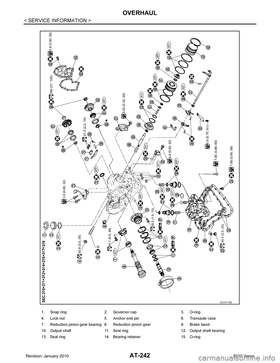 NISSAN TIIDA 2010 Service Repair Manual AT-242
< SERVICE INFORMATION >
OVERHAUL
1. Snap ring2. Governor cap 3. O-ring
4. Lock nut 5. Anchor end pin 6. Transaxle case
7. Reduction pinion gear bearing 8. Reduction pinion gear 9. Brake band
10 NISSAN TIIDA 2010 Service Repair Manual AT-242
< SERVICE INFORMATION >
OVERHAUL
1. Snap ring2. Governor cap 3. O-ring
4. Lock nut 5. Anchor end pin 6. Transaxle case
7. Reduction pinion gear bearing 8. Reduction pinion gear 9. Brake band
10