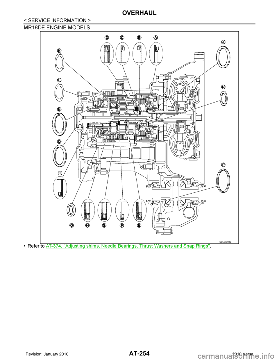 NISSAN TIIDA 2010  Service Repair Manual AT-254
< SERVICE INFORMATION >
OVERHAUL
MR18DE ENGINE MODELS
• Refer to AT-374, "Adjusting shims, Needle Bearings, Thrust Washers and Snap Rings".
SCIA7960E
Revision: January 20102010 Versa 