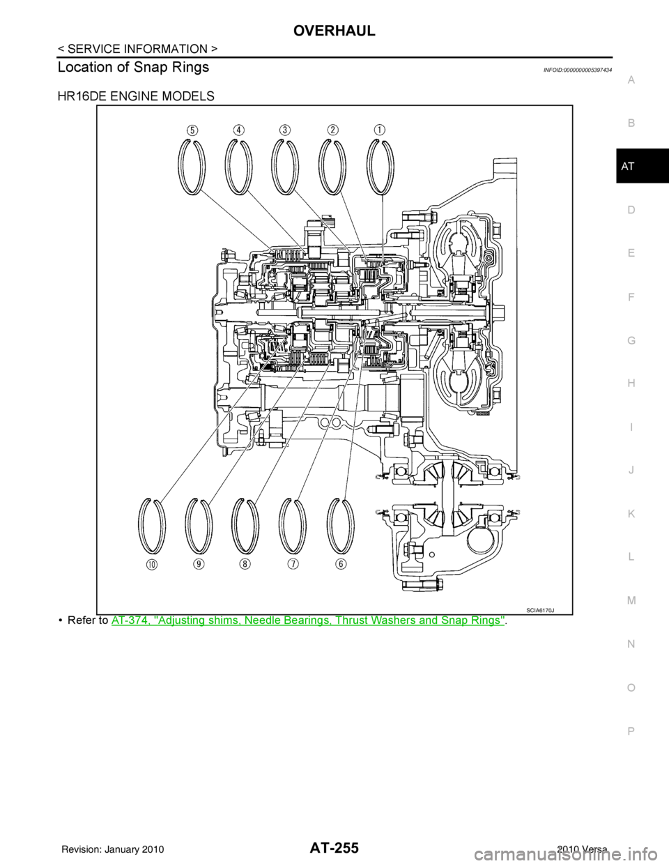 NISSAN TIIDA 2010  Service Repair Manual OVERHAULAT-255
< SERVICE INFORMATION >
DE
F
G H
I
J
K L
M A
B
AT
N
O P
Location of Snap RingsINFOID:0000000005397434
HR16DE ENGINE MODELS
• Refer to  AT-374, "Adjusting shims, Needle Bearings, Thrus