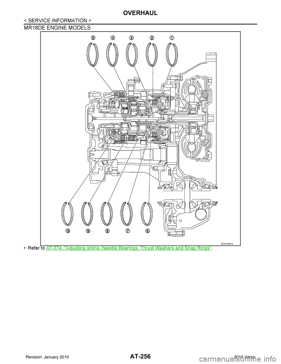 NISSAN TIIDA 2010  Service Repair Manual AT-256
< SERVICE INFORMATION >
OVERHAUL
MR18DE ENGINE MODELS
• Refer to AT-374, "Adjusting shims, Needle Bearings, Thrust Washers and Snap Rings".
SCIA7961E
Revision: January 20102010 Versa 