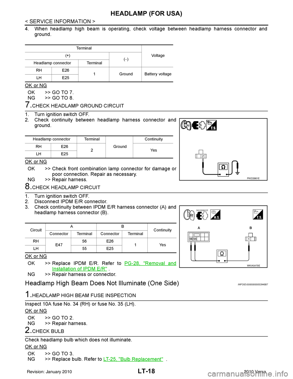 NISSAN TIIDA 2010 Service Repair Manual LT-18
< SERVICE INFORMATION >
HEADLAMP (FOR USA)
4. When headlamp high beam is operating, check voltage between headlamp harness connector andground.
OK or NG
OK >> GO TO 7.
NG >> GO TO 8.
7.CHECK HEA NISSAN TIIDA 2010 Service Repair Manual LT-18
< SERVICE INFORMATION >
HEADLAMP (FOR USA)
4. When headlamp high beam is operating, check voltage between headlamp harness connector andground.
OK or NG
OK >> GO TO 7.
NG >> GO TO 8.
7.CHECK HEA