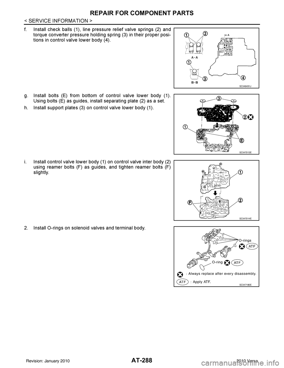 NISSAN TIIDA 2010 Service Repair Manual AT-288
< SERVICE INFORMATION >
REPAIR FOR COMPONENT PARTS
f. Install check balls (1), line pressure relief valve springs (2) andtorque converter pressure holding spring (3) in their proper posi-
tion NISSAN TIIDA 2010 Service Repair Manual AT-288
< SERVICE INFORMATION >
REPAIR FOR COMPONENT PARTS
f. Install check balls (1), line pressure relief valve springs (2) andtorque converter pressure holding spring (3) in their proper posi-
tion