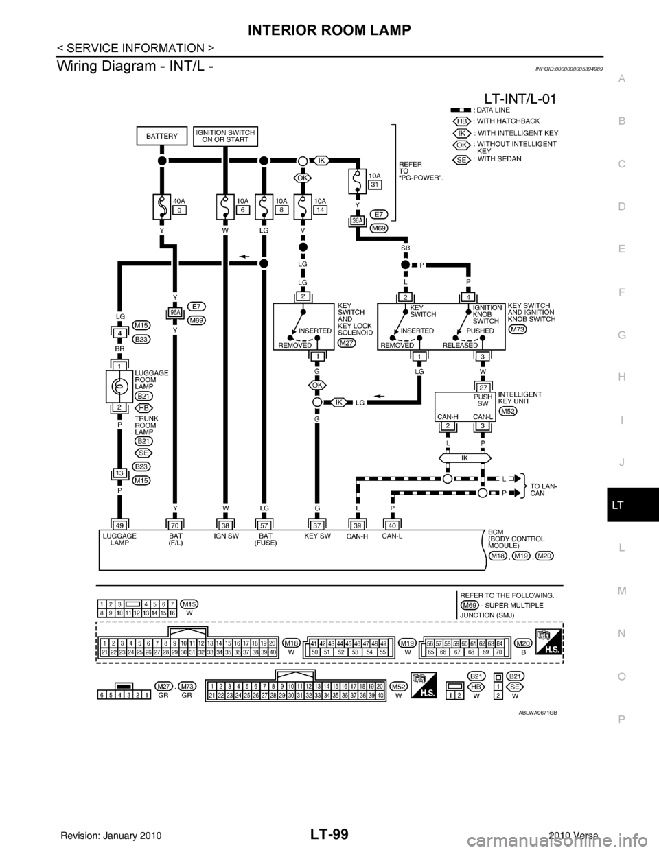 NISSAN TIIDA 2010  Service Repair Manual INTERIOR ROOM LAMPLT-99
< SERVICE INFORMATION >
C
DE
F
G H
I
J
L
M A
B
LT
N
O P
Wiring Diagram - INT/L -INFOID:0000000005394989
ABLWA0671GB
Revision: January 20102010 Versa 