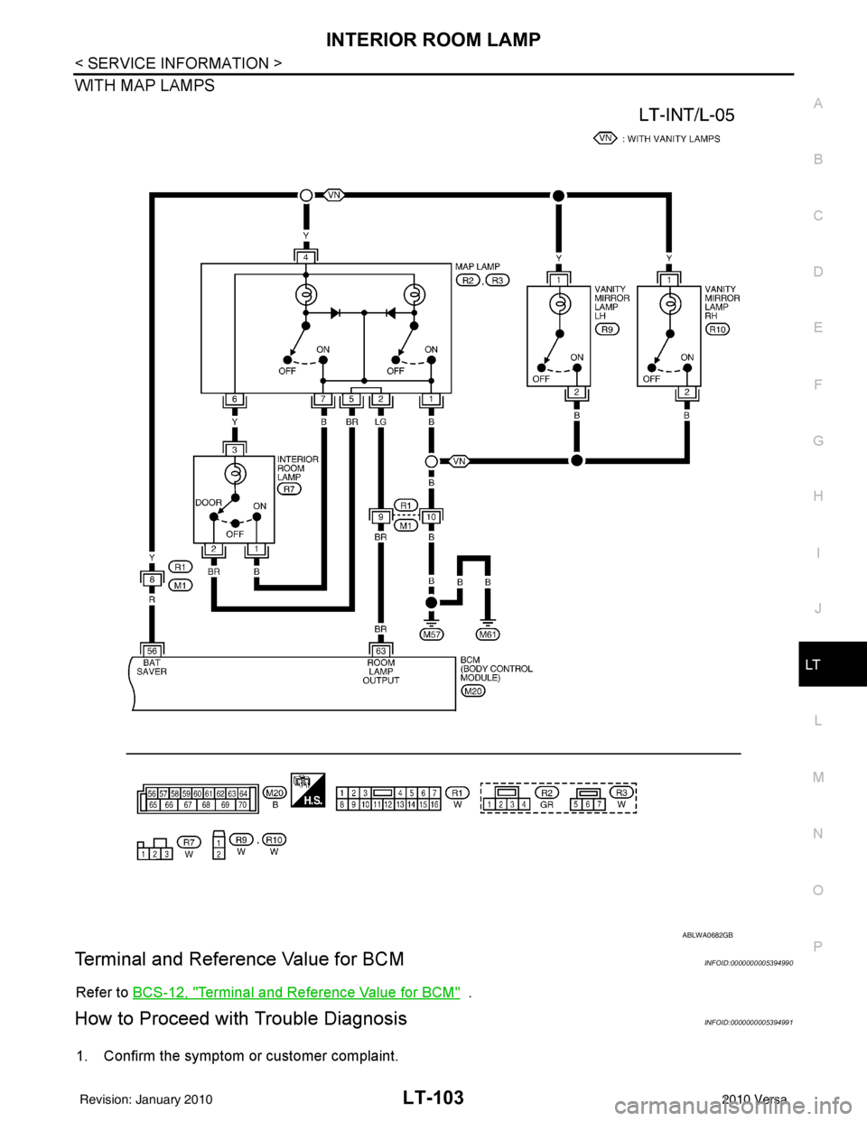 NISSAN TIIDA 2010  Service Repair Manual INTERIOR ROOM LAMPLT-103
< SERVICE INFORMATION >
C
DE
F
G H
I
J
L
M A
B
LT
N
O P
WITH MAP LAMPS
Terminal and Reference Value for BCMINFOID:0000000005394990
Refer to  BCS-12, "Terminal and Reference Va