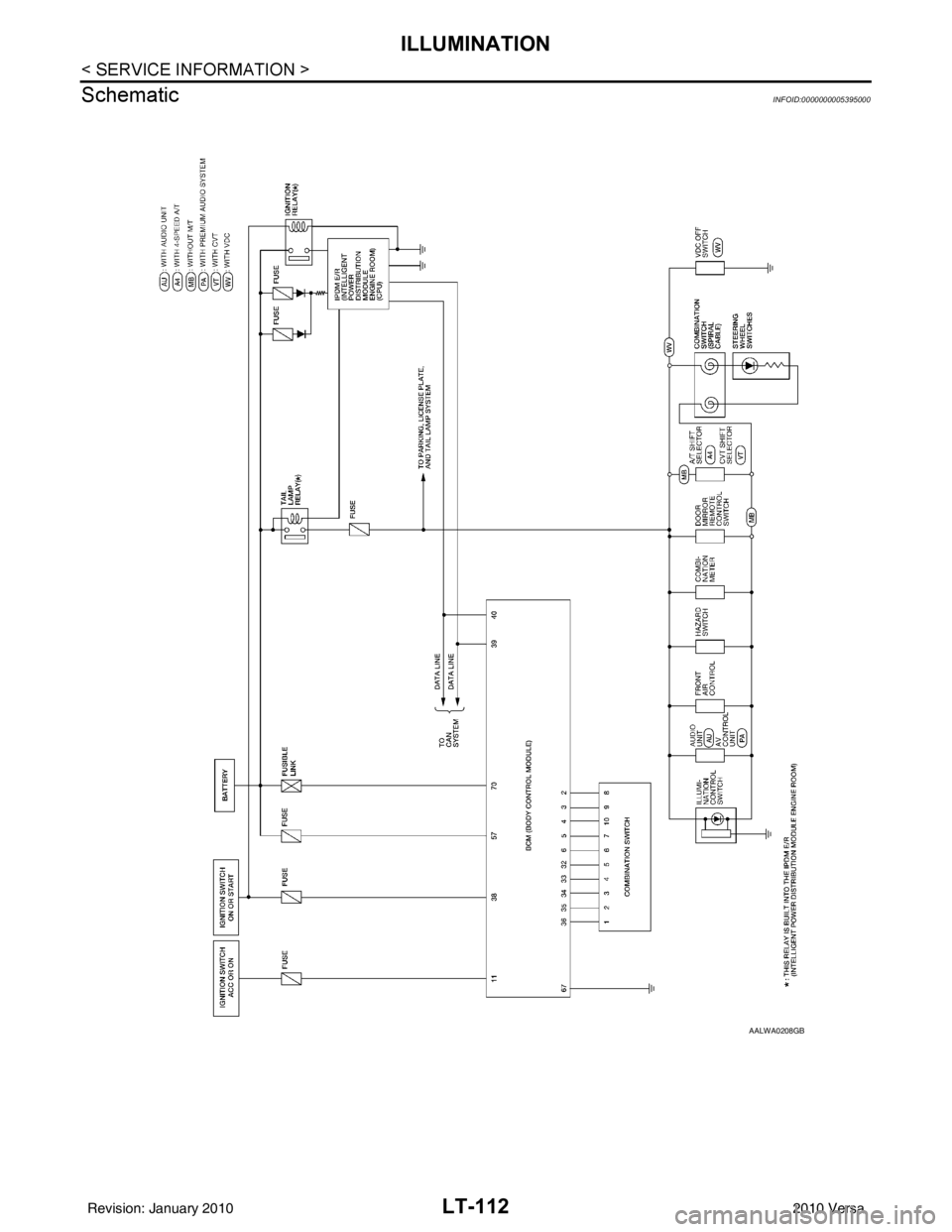 NISSAN TIIDA 2010  Service Repair Manual LT-112
< SERVICE INFORMATION >
ILLUMINATION
Schematic
INFOID:0000000005395000
AALWA0208GB
Revision: January 20102010 Versa 