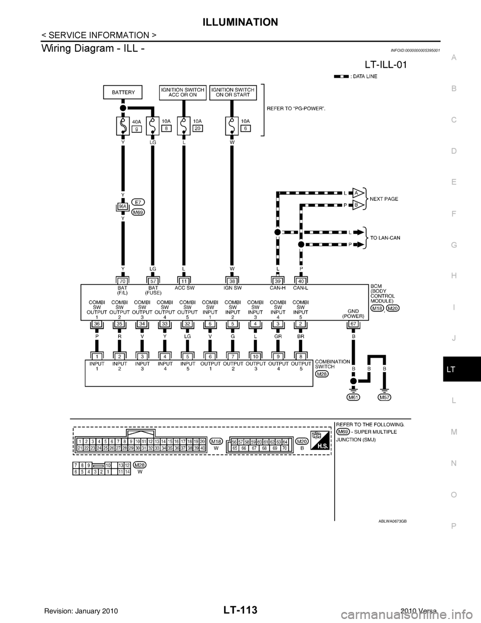 NISSAN TIIDA 2010  Service Repair Manual ILLUMINATIONLT-113
< SERVICE INFORMATION >
C
DE
F
G H
I
J
L
M A
B
LT
N
O P
Wiring Diagram - ILL -INFOID:0000000005395001
ABLWA0673GB
Revision: January 20102010 Versa 