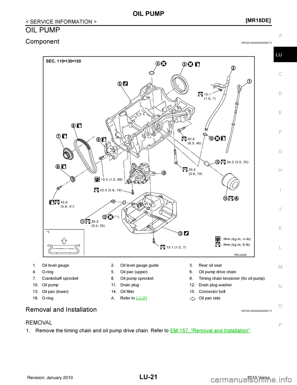 NISSAN TIIDA 2010  Service Repair Manual OIL PUMPLU-21
< SERVICE INFORMATION > [MR18DE]
C
D
E
F
G H
I
J
K L
M A
LU
NP
O
OIL PUMP
ComponentINFOID:0000000005398172
Removal and InstallationINFOID:0000000005398173
REMOVAL
1. Remove the timing ch