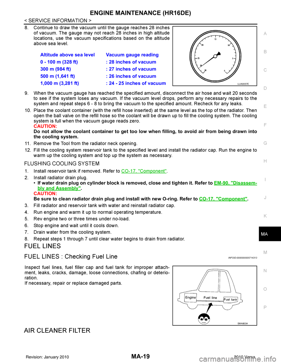 NISSAN TIIDA 2010 Service Repair Manual ENGINE MAINTENANCE (HR16DE)MA-19
< SERVICE INFORMATION >
C
DE
F
G H
I
J
K
M A
B
MA
N
O P
8. Continue to draw the vacuum until the gauge reaches 28 inches of vacuum. The gauge may not reach 28 inches i NISSAN TIIDA 2010 Service Repair Manual ENGINE MAINTENANCE (HR16DE)MA-19
< SERVICE INFORMATION >
C
DE
F
G H
I
J
K
M A
B
MA
N
O P
8. Continue to draw the vacuum until the gauge reaches 28 inches of vacuum. The gauge may not reach 28 inches i
