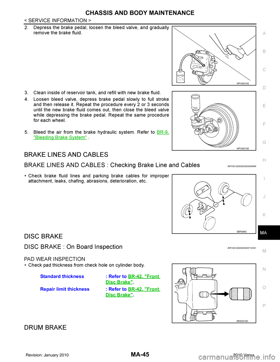 NISSAN TIIDA 2010 Service Repair Manual CHASSIS AND BODY MAINTENANCEMA-45
< SERVICE INFORMATION >
C
DE
F
G H
I
J
K
M A
B
MA
N
O P
2. Depress the brake pedal, loosen the bleed valve, and gradually remove the brake fluid.
3. Clean inside of r NISSAN TIIDA 2010 Service Repair Manual CHASSIS AND BODY MAINTENANCEMA-45
< SERVICE INFORMATION >
C
DE
F
G H
I
J
K
M A
B
MA
N
O P
2. Depress the brake pedal, loosen the bleed valve, and gradually remove the brake fluid.
3. Clean inside of r