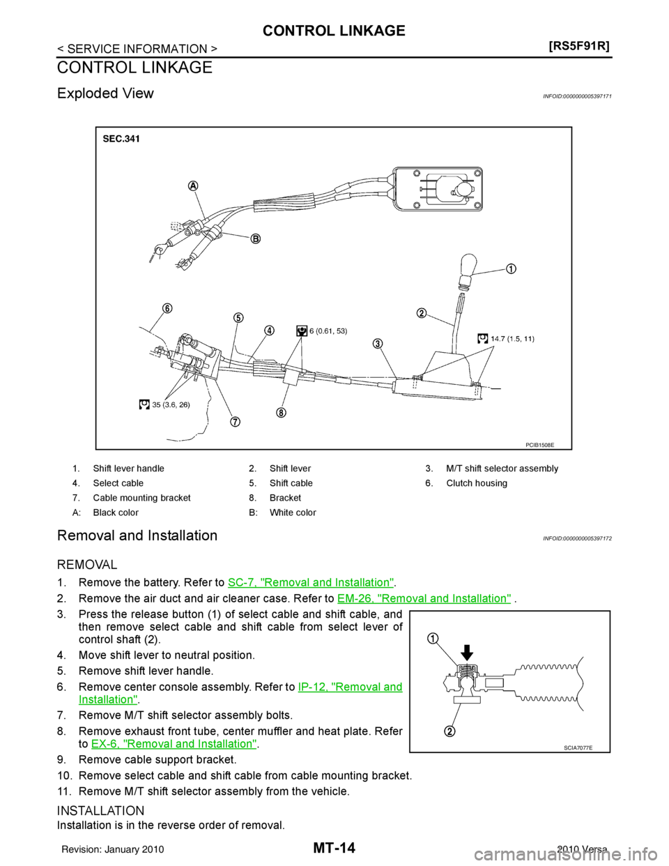 NISSAN TIIDA 2010  Service Repair Manual MT-14
< SERVICE INFORMATION >[RS5F91R]
CONTROL LINKAGE
CONTROL LINKAGE
Exploded ViewINFOID:0000000005397171
Removal and InstallationINFOID:0000000005397172
REMOVAL
1. Remove the battery. Refer to 
SC-