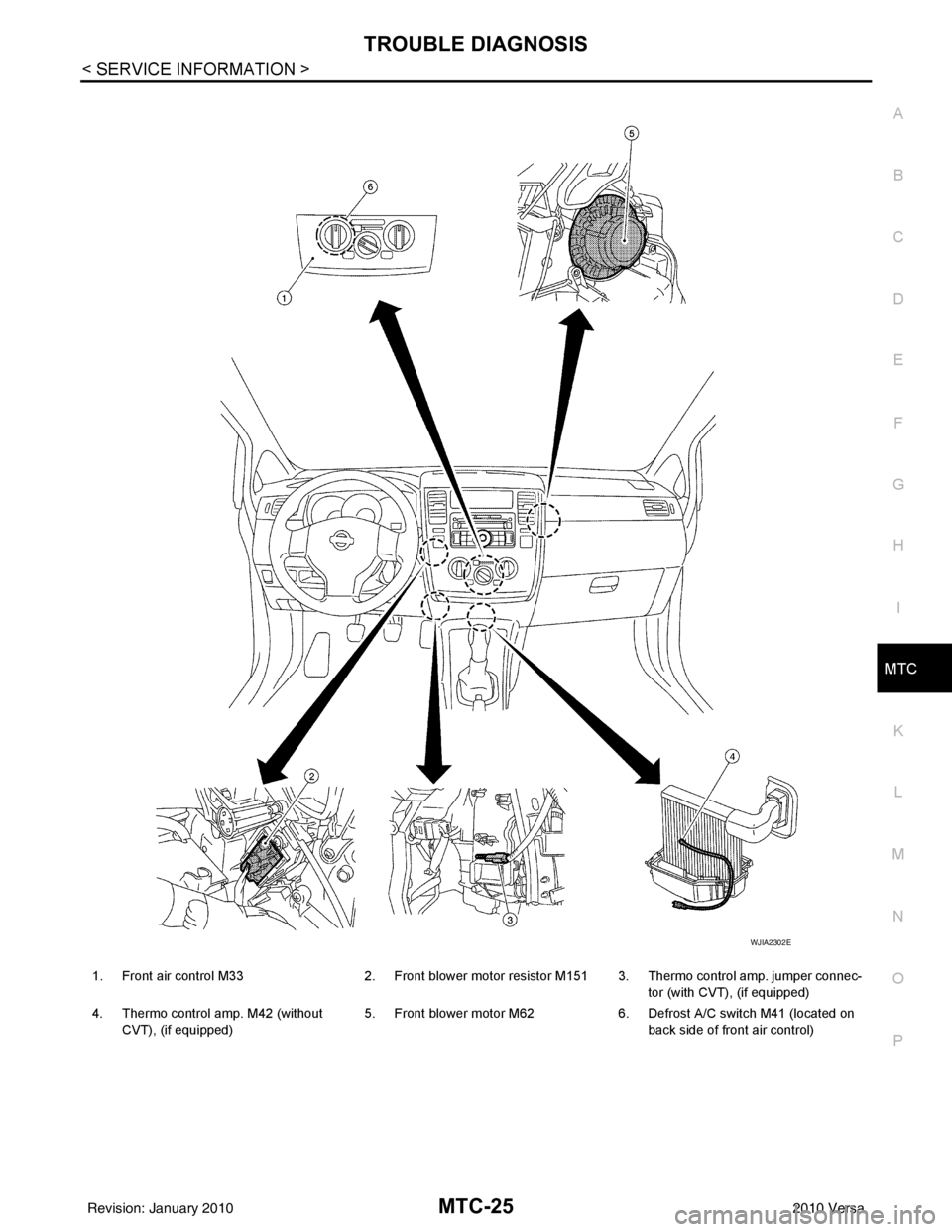 NISSAN TIIDA 2010  Service Repair Manual TROUBLE DIAGNOSISMTC-25
< SERVICE INFORMATION >
C
DE
F
G H
I
K L
M A
B
MTC
N
O P
1. Front air control M33 2. Front blower motor resistor M151 3. Thermo control amp. jumper connec-
tor (with CVT), (if 