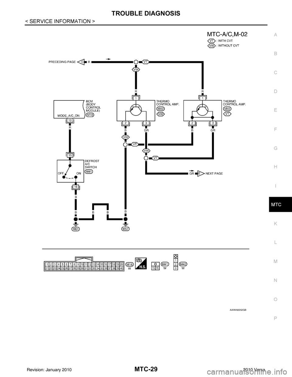 NISSAN TIIDA 2010  Service Repair Manual TROUBLE DIAGNOSISMTC-29
< SERVICE INFORMATION >
C
DE
F
G H
I
K L
M A
B
MTC
N
O P
AAIWA0052GB
Revision: January 20102010 Versa 