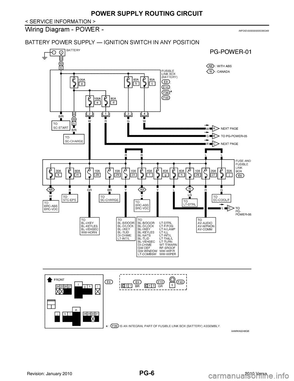 NISSAN TIIDA 2010 Service Repair Manual PG-6
< SERVICE INFORMATION >
POWER SUPPLY ROUTING CIRCUIT
Wiring Diagram - POWER -
INFOID:0000000005395349
BATTERY POWER SUPPLY — IGNITION SWITCH IN ANY POSITION
AAMWA0248GB
Revision: January 201020 NISSAN TIIDA 2010 Service Repair Manual PG-6
< SERVICE INFORMATION >
POWER SUPPLY ROUTING CIRCUIT
Wiring Diagram - POWER -
INFOID:0000000005395349
BATTERY POWER SUPPLY — IGNITION SWITCH IN ANY POSITION
AAMWA0248GB
Revision: January 201020