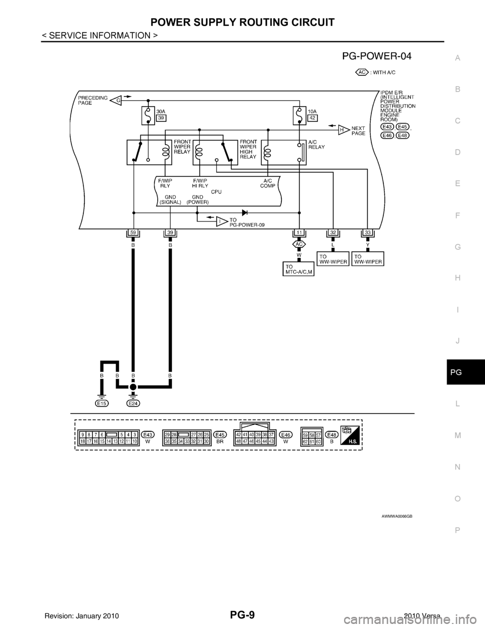 NISSAN TIIDA 2010  Service Repair Manual POWER SUPPLY ROUTING CIRCUITPG-9
< SERVICE INFORMATION >
C
DE
F
G H
I
J
L
M A
B
PG
N
O P
AWMWA0066GB
Revision: January 20102010 Versa 