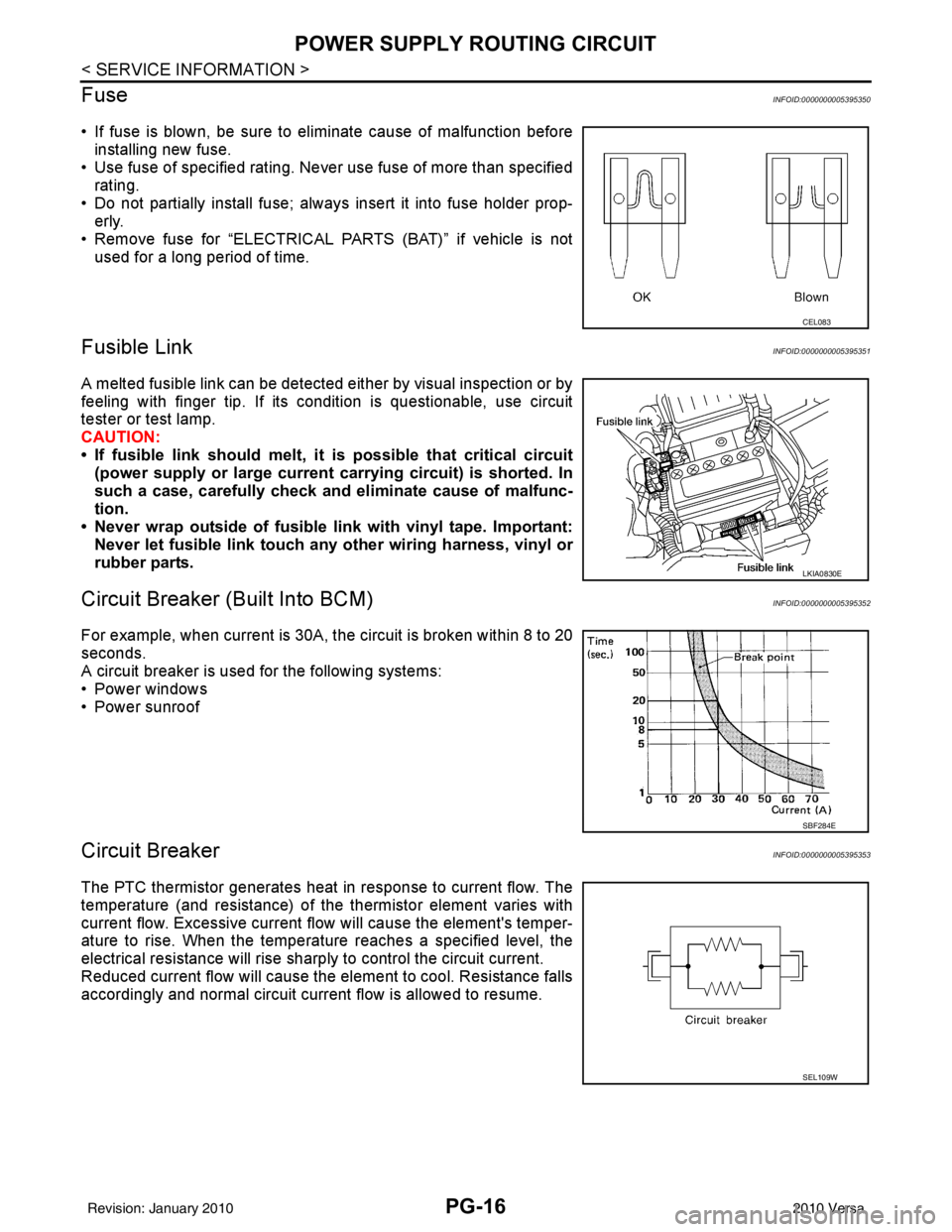 NISSAN TIIDA 2010  Service Repair Manual PG-16
< SERVICE INFORMATION >
POWER SUPPLY ROUTING CIRCUIT
Fuse
INFOID:0000000005395350
• If fuse is blown, be sure to eliminate cause of malfunction before installing new fuse.
• Use fuse of spec