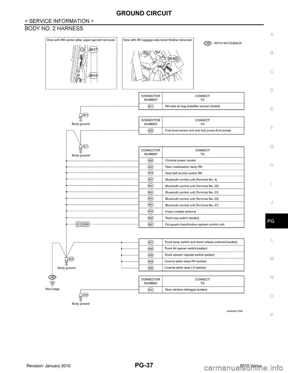 NISSAN TIIDA 2010  Service Repair Manual GROUND CIRCUITPG-37
< SERVICE INFORMATION >
C
DE
F
G H
I
J
L
M A
B
PG
N
O P
BODY NO. 2 HARNESS
AAMIA0472GB
Revision: January 20102010 Versa 