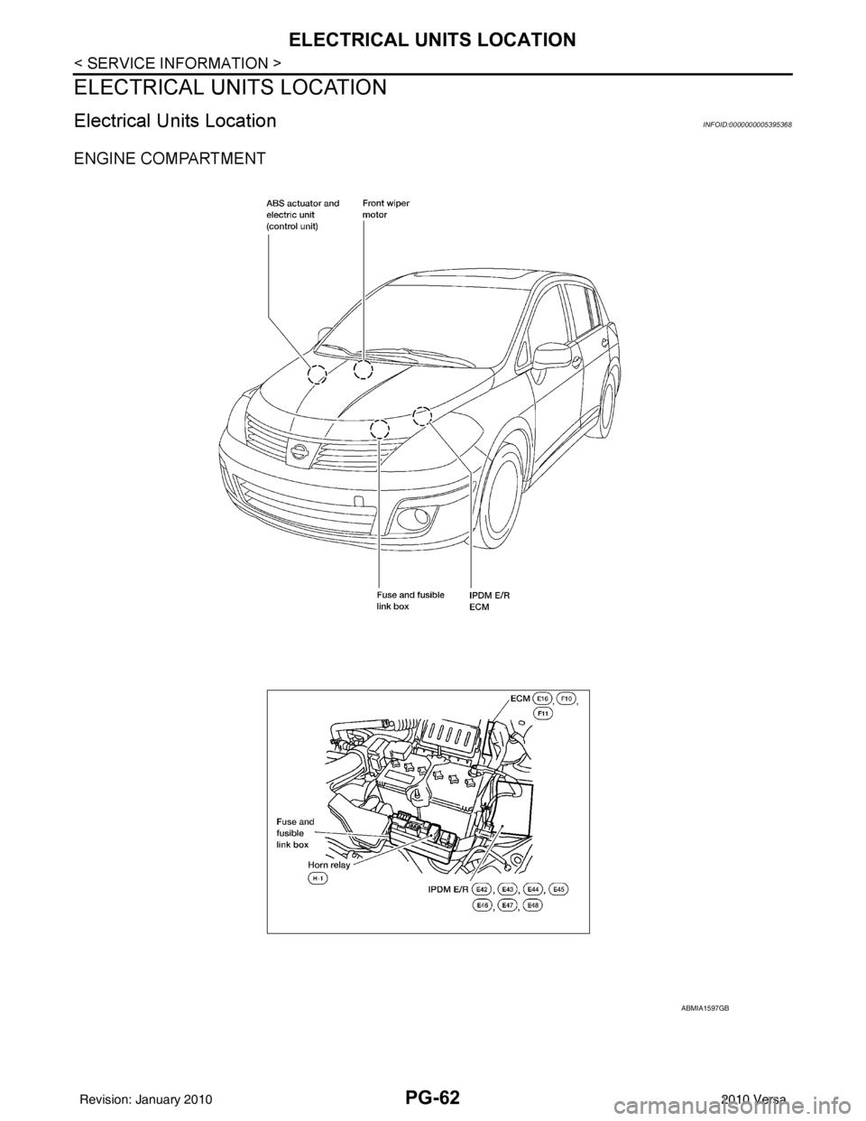 NISSAN TIIDA 2010 Service Repair Manual PG-62
< SERVICE INFORMATION >
ELECTRICAL UNITS LOCATION
ELECTRICAL UNITS LOCATION
Electrical Units LocationINFOID:0000000005395368
ENGINE COMPARTMENT
ABMIA1597GB
Revision: January 20102010 Versa NISSAN TIIDA 2010 Service Repair Manual PG-62
< SERVICE INFORMATION >
ELECTRICAL UNITS LOCATION
ELECTRICAL UNITS LOCATION
Electrical Units LocationINFOID:0000000005395368
ENGINE COMPARTMENT
ABMIA1597GB
Revision: January 20102010 Versa