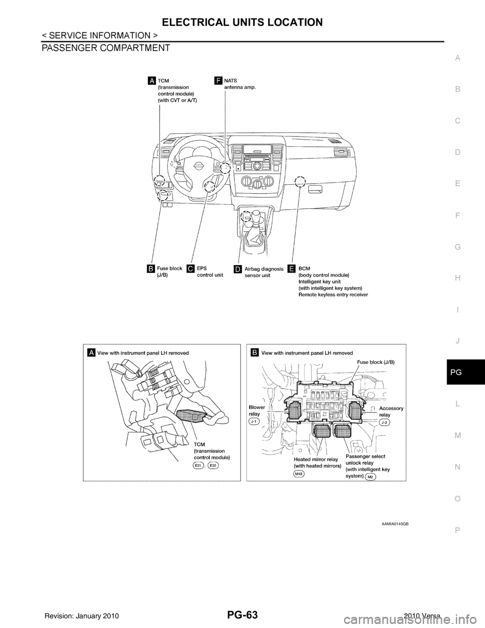 NISSAN TIIDA 2010 Service Repair Manual ELECTRICAL UNITS LOCATIONPG-63
< SERVICE INFORMATION >
C
DE
F
G H
I
J
L
M A
B
PG
N
O P
PASSENGER COMPARTMENT
AAMIA0145GB
Revision: January 20102010 Versa NISSAN TIIDA 2010 Service Repair Manual ELECTRICAL UNITS LOCATIONPG-63
< SERVICE INFORMATION >
C
DE
F
G H
I
J
L
M A
B
PG
N
O P
PASSENGER COMPARTMENT
AAMIA0145GB
Revision: January 20102010 Versa